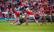 7 June 2025; Cian Lynch of Limerick in action against Cormac O'Brien, left, and Patrick Horgan of Cork during the Munster GAA Hurling Senior Championship final match between Limerick and Cork at TUS Gaelic Grounds in Limerick. Photo by Piaras Ó Mídheach/Sportsfile