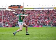 7 June 2025; Diarmaid Byrnes of Limerick takes a free during the Munster GAA Hurling Senior Championship final match between Limerick and Cork at TUS Gaelic Grounds in Limerick. Photo by Piaras Ó Mídheach/Sportsfile