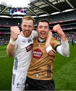 8 June 2025; Kildare players Jack Higgins, left, and goalkeeper Paddy McKenna celebrate after the Joe McDonagh Cup final match between Kildare and Laois at Croke Park in Dublin. Photo by Ramsey Cardy/Sportsfile