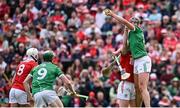 7 June 2025; Gearóid Hegarty of Limerick wins possession ahead of Cormac O'Brien of Cork during the Munster GAA Hurling Senior Championship final match between Limerick and Cork at LIT Gaelic Grounds in Limerick. Photo by Piaras Ó Mídheach/Sportsfile