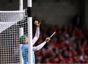 7 June 2025; Limerick goalkeeper Nickie Quaid catches the sliotar in the goalmouth during the Munster GAA Hurling Senior Championship final match between Limerick and Cork at TUS Gaelic Grounds in Limerick. Photo by Piaras Ó Mídheach/Sportsfile