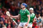 7 June 2025; Shane O'Brien of Limerick celebrates after scoring his side's second goal during the Munster GAA Hurling Senior Championship final match between Limerick and Cork at TUS Gaelic Grounds in Limerick. Photo by Piaras Ó Mídheach/Sportsfile