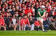 7 June 2025; Aaron Gillane of Limerick hits a free wide late in injury time of the second half of normal time during the Munster GAA Hurling Senior Championship final match between Limerick and Cork at TUS Gaelic Grounds in Limerick. Photo by Piaras Ó Mídheach/Sportsfile