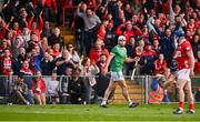 7 June 2025; Aaron Gillane of Limerick after hitting a free wide late in injury time of the second half of normal time during the Munster GAA Hurling Senior Championship final match between Limerick and Cork at TUS Gaelic Grounds in Limerick. Photo by Piaras Ó Mídheach/Sportsfile