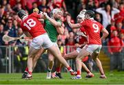 7 June 2025; Cian Lynch of Limerick in action against Robert Downey of Cork, 18, during the Munster GAA Hurling Senior Championship final match between Limerick and Cork at TUS Gaelic Grounds in Limerick. Photo by Piaras Ó Mídheach/Sportsfile