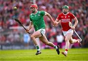 7 June 2025; Barry Nash of Limerick gets away from Cormac O'Brien of Cork during the Munster GAA Hurling Senior Championship final match between Limerick and Cork at TUS Gaelic Grounds in Limerick. Photo by Piaras Ó Mídheach/Sportsfile