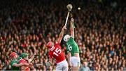 7 June 2025; Kyle Hayes of Limerick in action against Brian Hayes of Cork during the Munster GAA Hurling Senior Championship final match between Limerick and Cork at TUS Gaelic Grounds in Limerick. Photo by Piaras Ó Mídheach/Sportsfile