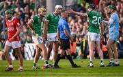 7 June 2025; Limerick players in conversation with standyby referee James Owens, acting as referee, after a '65 was awarded to Cork late in the second half of extra-time during the Munster GAA Hurling Senior Championship final match between Limerick and Cork at TUS Gaelic Grounds in Limerick. Photo by Piaras Ó Mídheach/Sportsfile