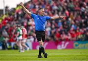 7 June 2025; Standy referee James Owens, acting as referee after he replaced referee Thomas Walsh due to injury in extra-time during the Munster GAA Hurling Senior Championship final match between Limerick and Cork at TUS Gaelic Grounds in Limerick. Photo by Piaras Ó Mídheach/Sportsfile
