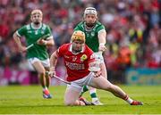7 June 2025; Niall O'Leary of Cork in action against Cian Lynch of Limerick during the Munster GAA Hurling Senior Championship final match between Limerick and Cork at TUS Gaelic Grounds in Limerick. Photo by Piaras Ó Mídheach/Sportsfile