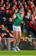 7 June 2025; Gearóid Hegarty of Limerick celebrates scoring a point during the Munster GAA Hurling Senior Championship final match between Limerick and Cork at TUS Gaelic Grounds in Limerick. Photo by Piaras Ó Mídheach/Sportsfile