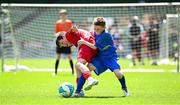 11 June 2025; Rian O’Connor of Clonmoney NS, Newmarket on Fergus, Clare, in action against Austin Barry of Kentstown NS, Meath, during the FAI Primary 5s Finals Day at the Aviva Stadium in Dublin. Photo by Seb Daly/Sportsfile