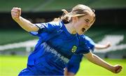 11 June 2025; Ruth Moylan of St Leonard’s NS, Dunnamaggin, Kilkenny, celebrates after scoring a goal during the FAI Primary 5s Finals Day at the Aviva Stadium in Dublin. Photo by Seb Daly/Sportsfile