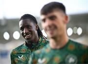 10 June 2025; Bosun Lawal, left, and Andrew Moran of Republic of Ireland before the international friendly match between Luxembourg and Republic of Ireland at Stade de Luxembourg in Luxembourg. Photo by Stephen McCarthy/Sportsfile
