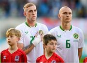 10 June 2025; Killian Phillips, left, and Will Smallbone of Republic of Ireland stand for the playing of the National Anthem before the international friendly match between Luxembourg and Republic of Ireland at Stade de Luxembourg in Luxembourg. Photo by Stephen McCarthy/Sportsfile