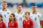 10 June 2025; Republic of Ireland players, from left, Dara O'Shea, Robbie Brady and Jason Knight stand for the playing of the National Anthem before the international friendly match between Luxembourg and Republic of Ireland at Stade de Luxembourg in Luxembourg. Photo by Stephen McCarthy/Sportsfile