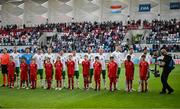 10 June 2025; Republic of Ireland players, from left, Nathan Collins, goalkeeper Max O'Leary, Evan Ferguson, Dara O'Shea, Robbie Brady, Jason Knight, Killian Phillips, Will Smallbone, Jake O'Brien, Kasey McAteer and Troy Parrott stand for the playing of the National Anthem before the international friendly match between Luxembourg and Republic of Ireland at Stade de Luxembourg in Luxembourg. Photo by Stephen McCarthy/Sportsfile