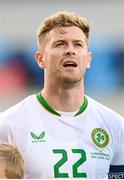 10 June 2025; Nathan Collins of Republic of Ireland stands for the playing of the National Anthem before the international friendly match between Luxembourg and Republic of Ireland at Stade de Luxembourg in Luxembourg. Photo by Stephen McCarthy/Sportsfile