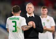 10 June 2025; Republic of Ireland head coach Heimir Hallgrimsson and Ryan Manning after the international friendly match between Luxembourg and Republic of Ireland at Stade de Luxembourg in Luxembourg. Photo by Stephen McCarthy/Sportsfile