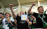10 June 2025; A Republic of Ireland supporter holds a birthday card for head coach Heimir Hallgrimsson before the international friendly match between Luxembourg and Republic of Ireland at Stade de Luxembourg in Luxembourg. Photo by Stephen McCarthy/Sportsfile