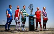 13 June 2025; In attendance, from left are, Ryan Burke of Waterford, Ryan McLaughlin of St Patrick's Athletic, Dylan Watts of Shamrock Rovers, Mark Coyle of Shelbourne and Paul Doyle of Drogheda United during a Football Doesn’t Stop for the Summer photocall for Virgin Media Television on Sandymount Beach in Dublin. Photo by David Fitzgerald/Sportsfile