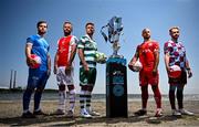 13 June 2025; In attendance, from left are, Ryan Burke of Waterford, Ryan McLaughlin of St Patrick's Athletic, Dylan Watts of Shamrock Rovers, Mark Coyle of Shelbourne and Paul Doyle of Drogheda United during a Football Doesn’t Stop for the Summer photocall for Virgin Media Television on Sandymount Beach in Dublin. Photo by David Fitzgerald/Sportsfile
