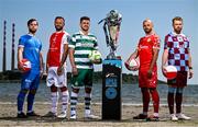 13 June 2025; In attendance, from left are, Ryan Burke of Waterford, Ryan McLaughlin of St Patrick's Athletic, Dylan Watts of Shamrock Rovers, Mark Coyle of Shelbourne and Paul Doyle of Drogheda United during a Football Doesn’t Stop for the Summer photocall for Virgin Media Television on Sandymount Beach in Dublin. Photo by David Fitzgerald/Sportsfile