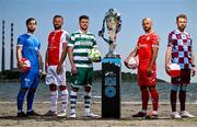 13 June 2025; In attendance, from left are, Ryan Burke of Waterford, Ryan McLaughlin of St Patrick's Athletic, Dylan Watts of Shamrock Rovers, Mark Coyle of Shelbourne and Paul Doyle of Drogheda United during a Football Doesn’t Stop for the Summer photocall for Virgin Media Television on Sandymount Beach in Dublin. Photo by David Fitzgerald/Sportsfile