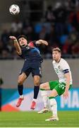 10 June 2025; Alessio Curci of Luxembourg in action against Nathan Collins of Republic of Ireland during the international friendly match between Luxembourg and Republic of Ireland at Stade de Luxembourg in Luxembourg. Photo by Stephen McCarthy/Sportsfile