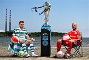 13 June 2025; Dylan Watts of Shamrock Rovers and Mark Coyle of Shelbourne during a Football Doesn’t Stop for the Summer photocall for Virgin Media Television on Sandymount Beach in Dublin. Photo by David Fitzgerald/Sportsfile