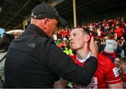 7 June 2025; Damien Cahalane of Cork celebrates with his father Niall after the Munster GAA Hurling Senior Championship final match between Limerick and Cork at TUS Gaelic Grounds in Limerick. Photo by Piaras Ó Mídheach/Sportsfile