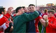 7 June 2025; Brian Hayes of Cork celebrates with supporters after victory in the Munster GAA Hurling Senior Championship final match between Limerick and Cork at TUS Gaelic Grounds in Limerick. Photo by Piaras Ó Mídheach/Sportsfile