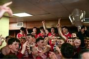7 June 2025; Cork players celebrate in the dressing room after the Munster GAA Hurling Senior Championship final match between Limerick and Cork at TUS Gaelic Grounds in Limerick. Photo by Piaras Ó Mídheach/Sportsfile