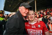7 June 2025; Damien Cahalane of Cork celebrates with his father Niall after the Munster GAA Hurling Senior Championship final match between Limerick and Cork at TUS Gaelic Grounds in Limerick. Photo by Piaras Ó Mídheach/Sportsfile