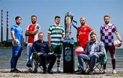 13 June 2025; Virgin Media presenter Tommy Martin and pundit Vinny Perth pictured with, from left, Ryan Burke of Waterford, Ryan McLaughlin of St Patrick's Athletic, Dylan Watts of Shamrock Rovers, Mark Coyle of Shelbourne and Paul Doyle of Drogheda United during a Football Doesn’t Stop for the Summer photocall for Virgin Media Television on Sandymount Beach in Dublin. Photo by David Fitzgerald/Sportsfile