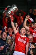 7 June 2025; Cork captain Robert Downey lifts the Mick Mackey Cup after his side' victory in the Munster GAA Hurling Senior Championship final match between Limerick and Cork at TUS Gaelic Grounds in Limerick. Photo by Piaras Ó Mídheach/Sportsfile