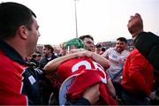 7 June 2025; Cork players Brian Hayes, behind, and Robbie O'Flynn celebrate after their side's victory in the Munster GAA Hurling Senior Championship final match between Limerick and Cork at TUS Gaelic Grounds in Limerick. Photo by Piaras Ó Mídheach/Sportsfile