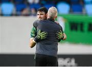 10 June 2025; Republic of Ireland goalkeeper Max O'Leary and goalkeeping coach Gudmundur Hreidarsson before the international friendly match between Luxembourg and Republic of Ireland at Stade de Luxembourg in Luxembourg. Photo by Stephen McCarthy/Sportsfile