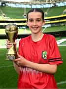 11 June 2025; Aoife Halley of Monaleen NS, Limerick, with her Player of the Tournament award for the girls section C cup, for large sized schools, during the FAI Primary 5s Finals Day at the Aviva Stadium in Dublin. Photo by Seb Daly/Sportsfile