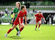 11 June 2025; Aoife Halley of Monaleen NS, Limerick, celebrates after scoring a goal during the FAI Primary 5s Finals Day at the Aviva Stadium in Dublin. Photo by Seb Daly/Sportsfile