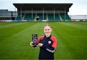 12 June 2025; Madison McGuane of Treaty United with her SSE Airtricity Women’s Premier Division Player of the Month Award for May at Markets Field in Limerick. Photo by Piaras Ó Mídheach/Sportsfile