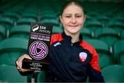12 June 2025; Madison McGuane of Treaty United with her SSE Airtricity Women’s Premier Division Player of the Month Award for May at Markets Field in Limerick. Photo by Piaras Ó Mídheach/Sportsfile