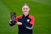 12 June 2025; Madison McGuane of Treaty United with her SSE Airtricity Women’s Premier Division Player of the Month Award for May at Markets Field in Limerick. Photo by Piaras Ó Mídheach/Sportsfile