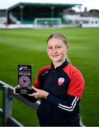 12 June 2025; Madison McGuane of Treaty United with her SSE Airtricity Women’s Premier Division Player of the Month Award for May at Markets Field in Limerick. Photo by Piaras Ó Mídheach/Sportsfile