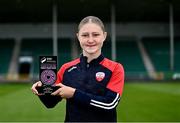 12 June 2025; Madison McGuane of Treaty United with her SSE Airtricity Women’s Premier Division Player of the Month Award for May at Markets Field in Limerick. Photo by Piaras Ó Mídheach/Sportsfile