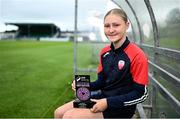 12 June 2025; Madison McGuane of Treaty United with her SSE Airtricity Women’s Premier Division Player of the Month Award for May at Markets Field in Limerick. Photo by Piaras Ó Mídheach/Sportsfile