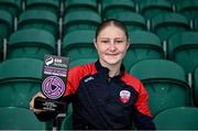 12 June 2025; Madison McGuane of Treaty United with her SSE Airtricity Women’s Premier Division Player of the Month Award for May at Markets Field in Limerick. Photo by Piaras Ó Mídheach/Sportsfile