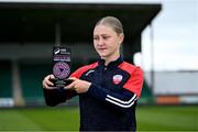12 June 2025; Madison McGuane of Treaty United with her SSE Airtricity Women’s Premier Division Player of the Month Award for May at Markets Field in Limerick. Photo by Piaras Ó Mídheach/Sportsfile