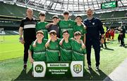 11 June 2025; Glanduff NS, Roscommon, players; Seán Reynolds, Tom O’Shaughnessy, Conor Doorley, Ryan O’Shaughnessy, Cathal Kearney, Luke Campbell, Liam Dowling, Tadhg Doyle and teachers Frank Noone and Colin Dowd before the FAI Primary 5s Finals Day at the Aviva Stadium in Dublin. Photo by Seb Daly/Sportsfile