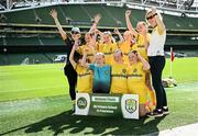 11 June 2025; St Felim’s NS, Ballinagh, Cavan, players; Sara Pusmucane, Muireann McSeain, Moya Crowe, Leona Fitzpatrick, Alannah Martin, Fainche McSeain, Alicia McAloon, Rose Connolly and teachers Louise Maguire and Róisín Martin before the FAI Primary 5s Finals Day at the Aviva Stadium in Dublin. Photo by Seb Daly/Sportsfile